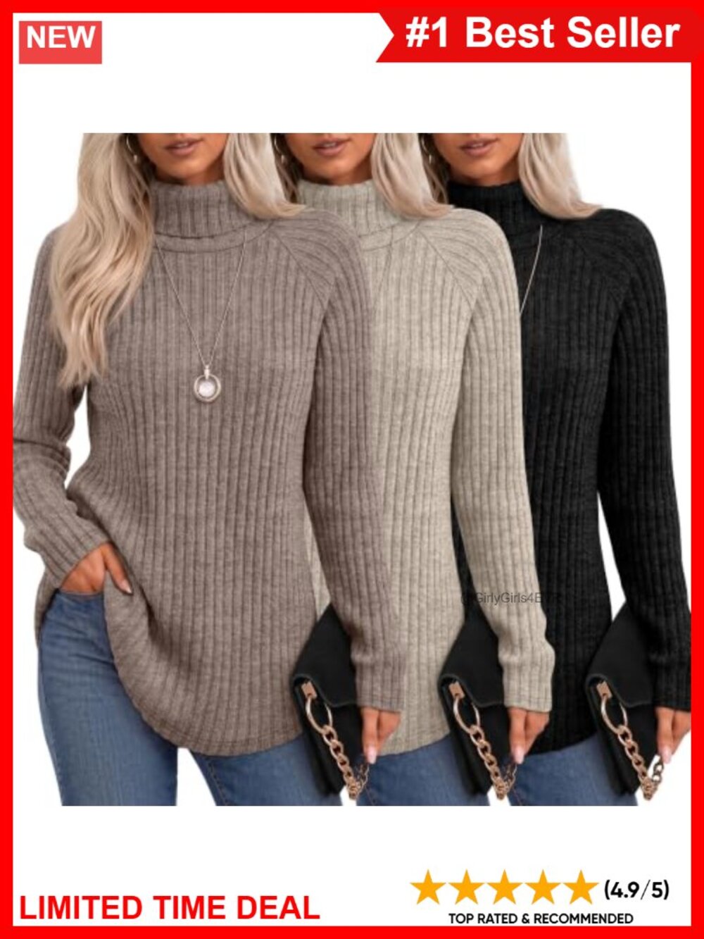 3 Pack Womens Turtleneck Sweaters Ribbed Knit Long Sleeve Pullover Tops